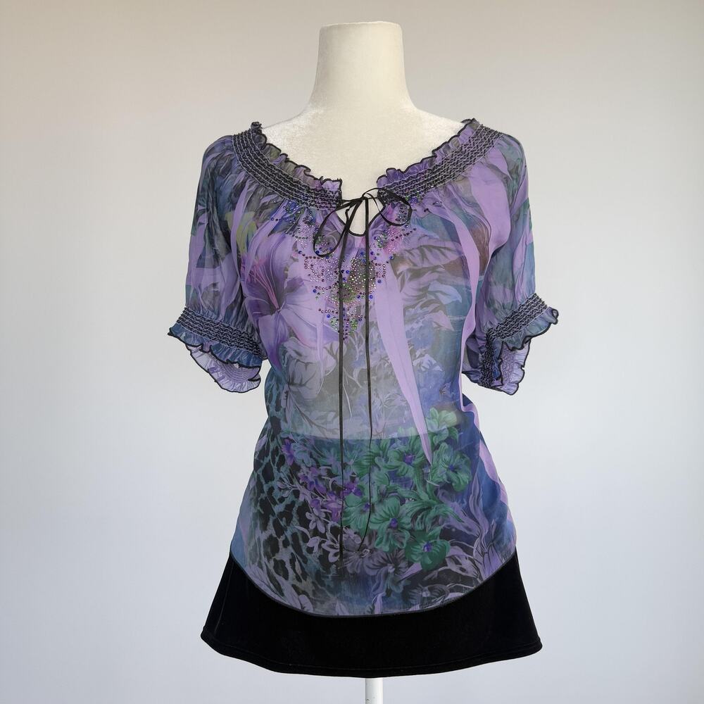 B.L.E.U. Tunic Blouse Womens M Purple Floral Rhinestone Scoop Neck Sheer Top